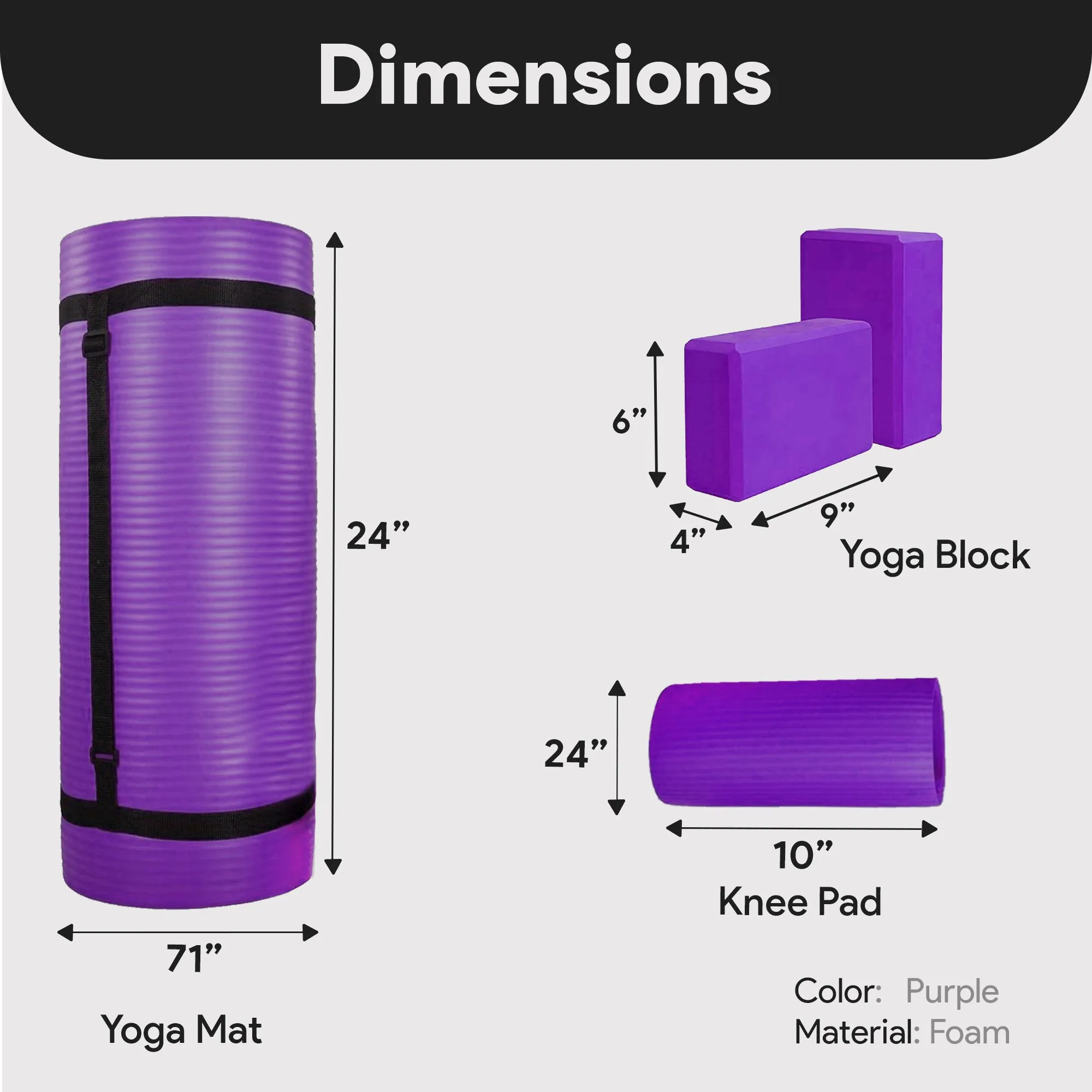 BalanceFrom 71"x24" Anti Tear Yoga Mat w/Strap, Knee Pad & Blocks,Purple (Used)