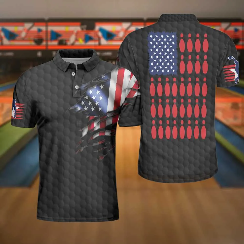 Black American Flag Bowling Polo Shirt, Cool Usa Flag Bowling Shirt For Men, Bowling Shirt Uniform