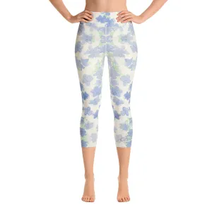 Blu&White Watercolor Floral Yoga Capri Leggings