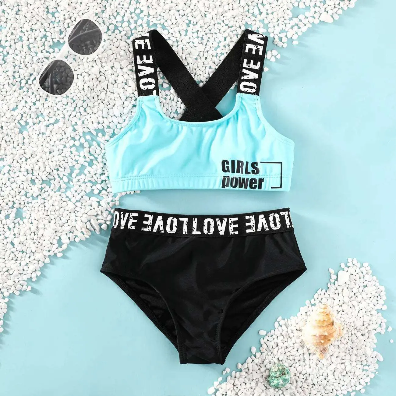 Casual Letter Pattern Swimsuit Set - Kids Girl (2Pcs)