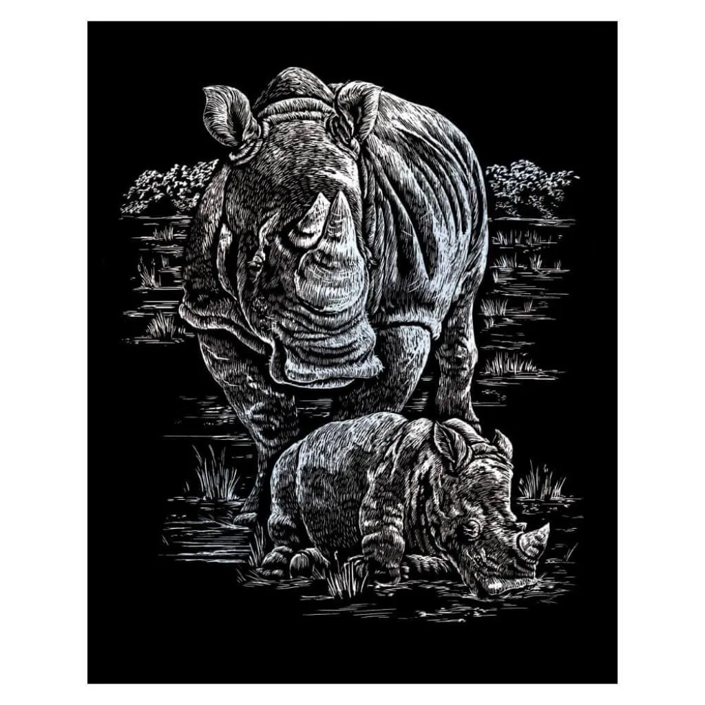 Engraving Art Silver Foil Set Rhinoceros & Baby