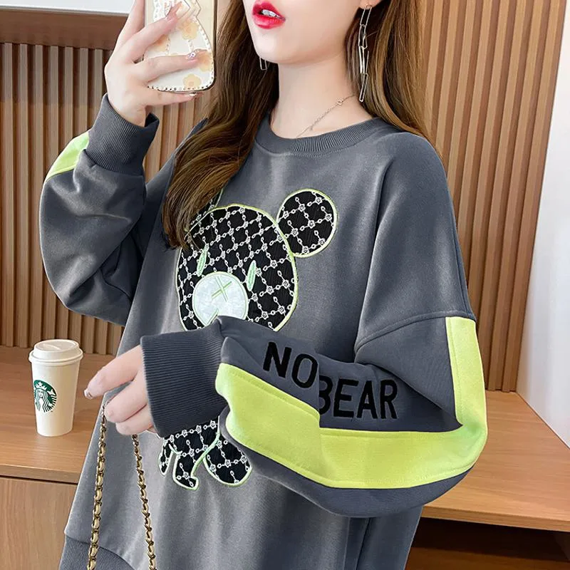 Fiber Thin Twill Color Blocking Patchwork Round Neck Embroidery Sweatshirt