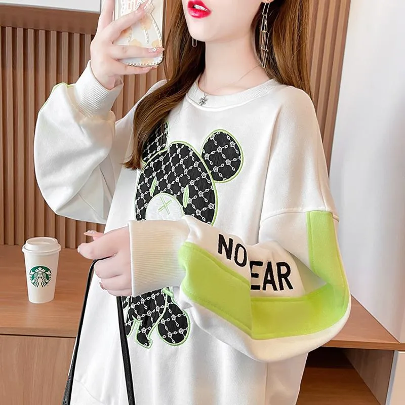 Fiber Thin Twill Color Blocking Patchwork Round Neck Embroidery Sweatshirt