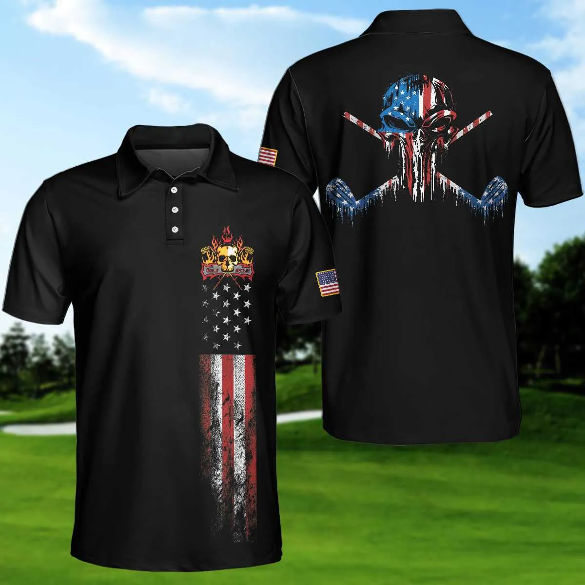 Golf Skull America Flag Short Sleeve Polo Shirt, Wet Paint Black Polo Shirt, Best Golf Shirt For Men Coolspod