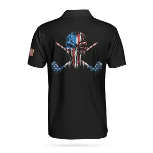 Golf Skull America Flag Short Sleeve Polo Shirt, Wet Paint Black Polo Shirt, Best Golf Shirt For Men Coolspod