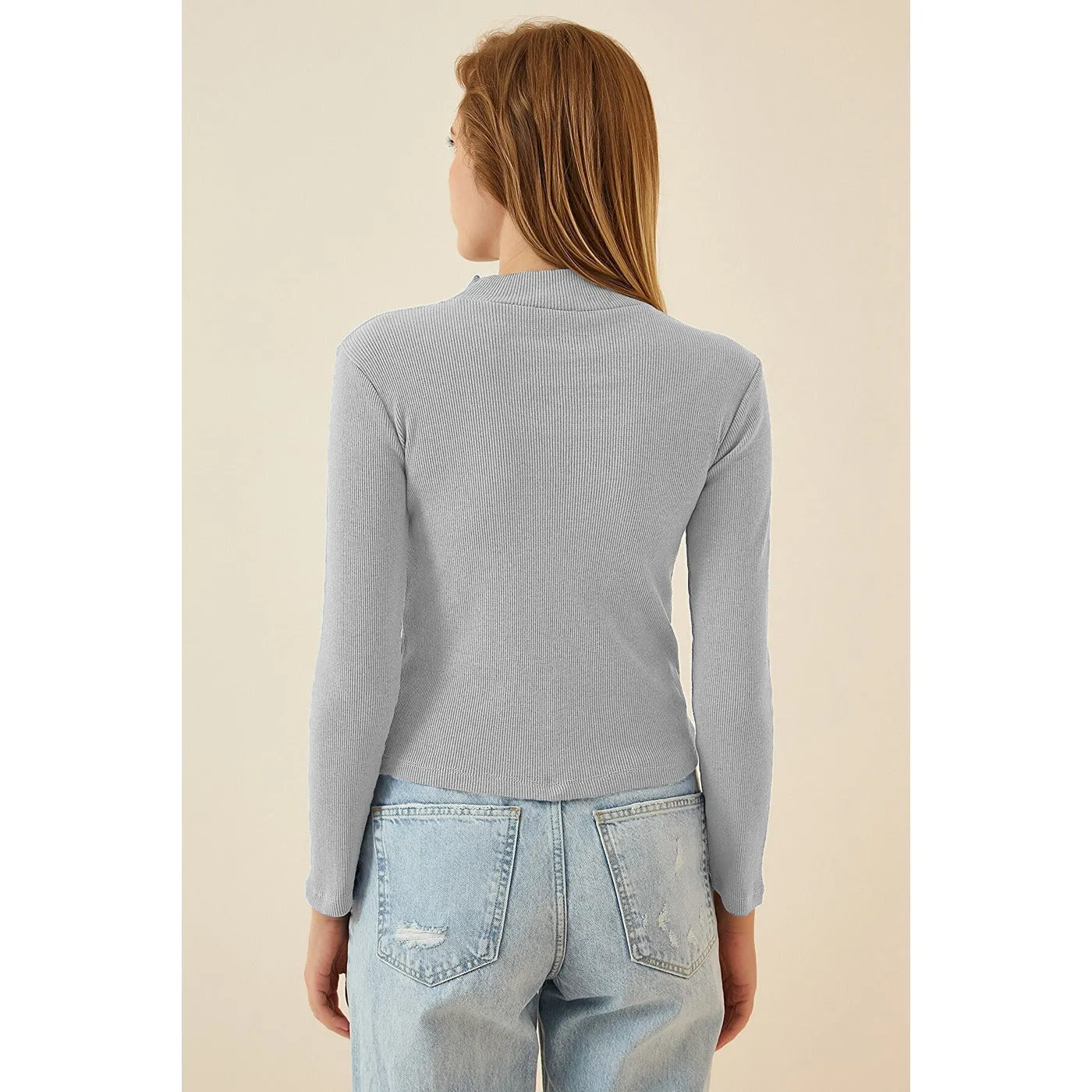 Grey Cut Out Detailed Ribbed Knitted Blouse