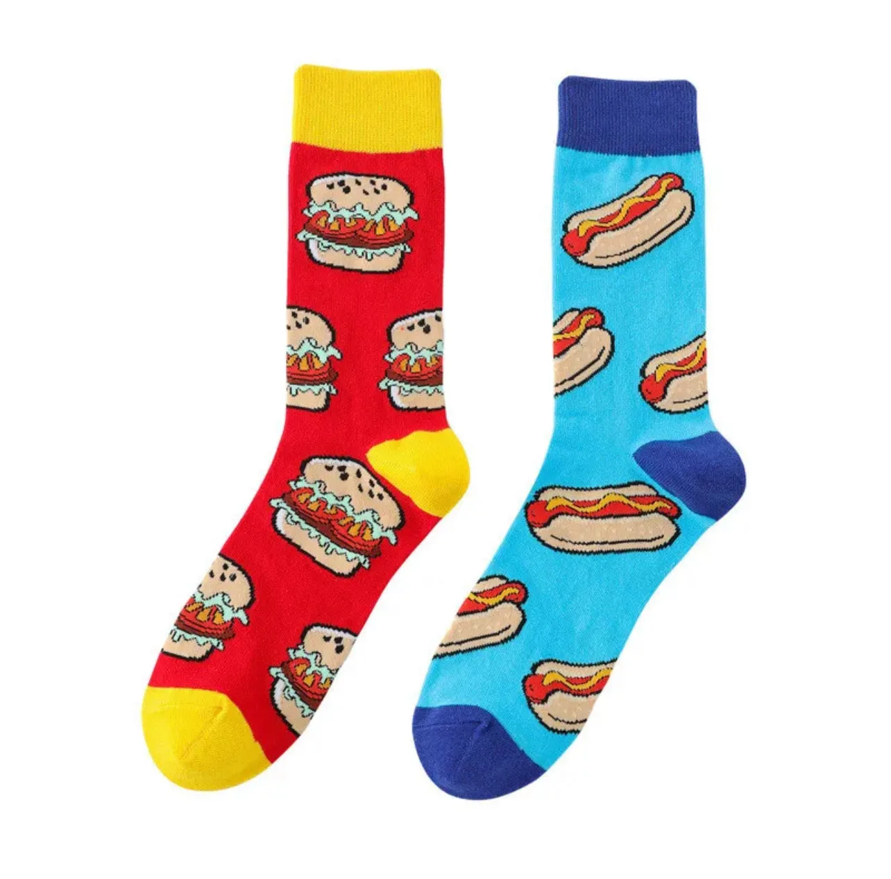 Hamburger & Hotdogs Cartoon Socks, Fun Novelty Unisex 360 Degree Artwork Character Designed Crew Socks