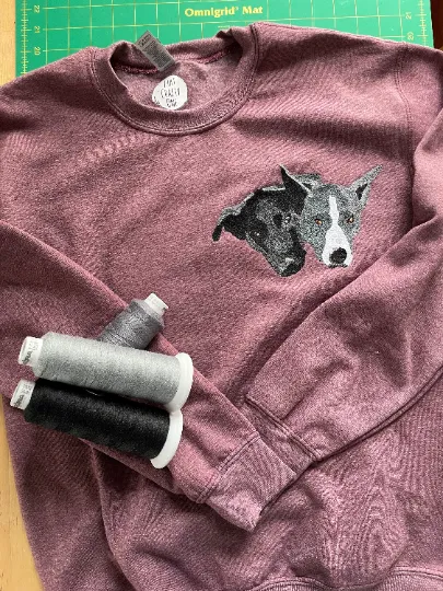 Handmade Handcranked Chainstitch Embroidered Custom Pet Portrait Sweatshirt - Two Pets