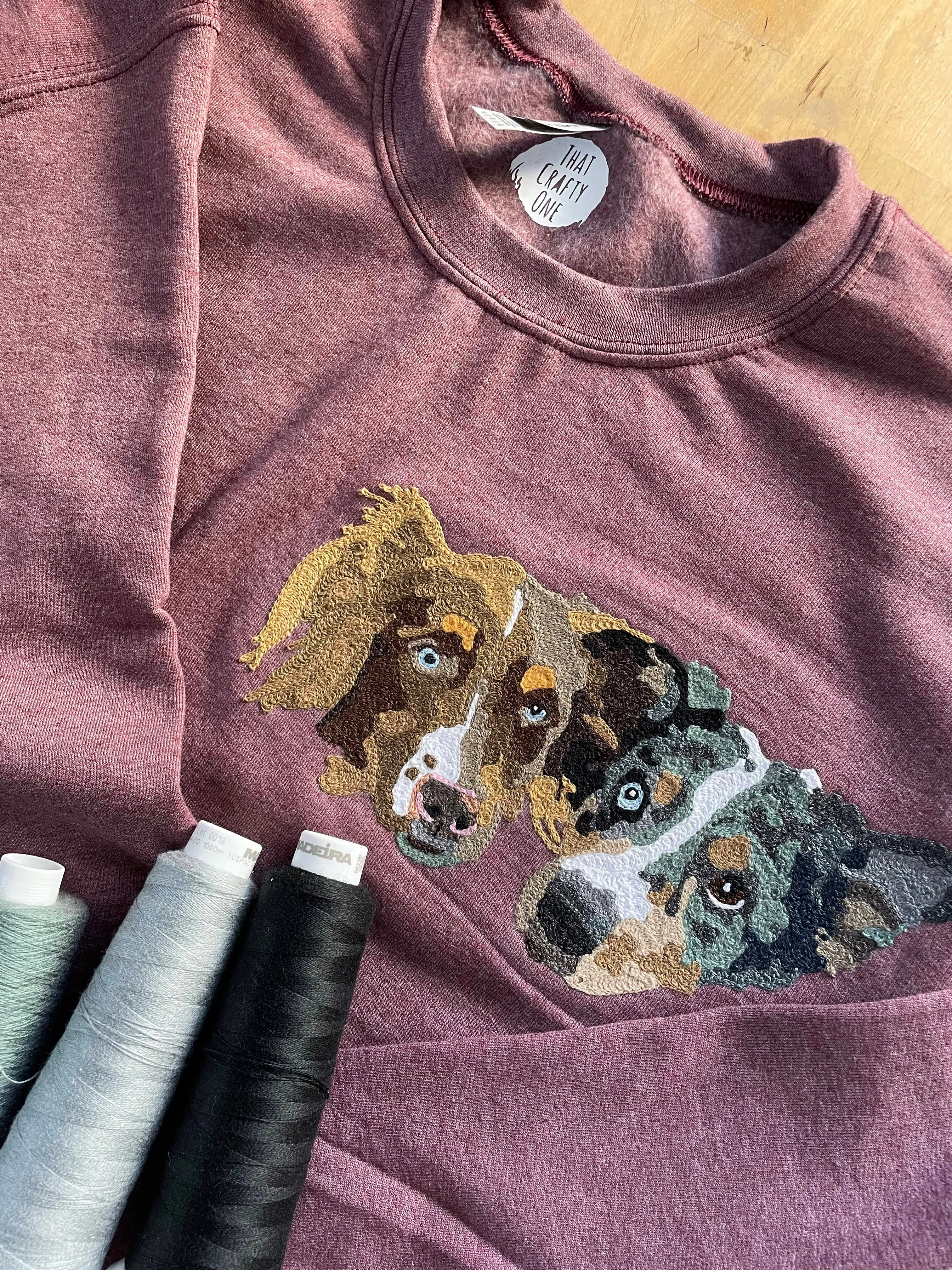 Handmade Handcranked Chainstitch Embroidered Custom Pet Portrait Sweatshirt - Two Pets