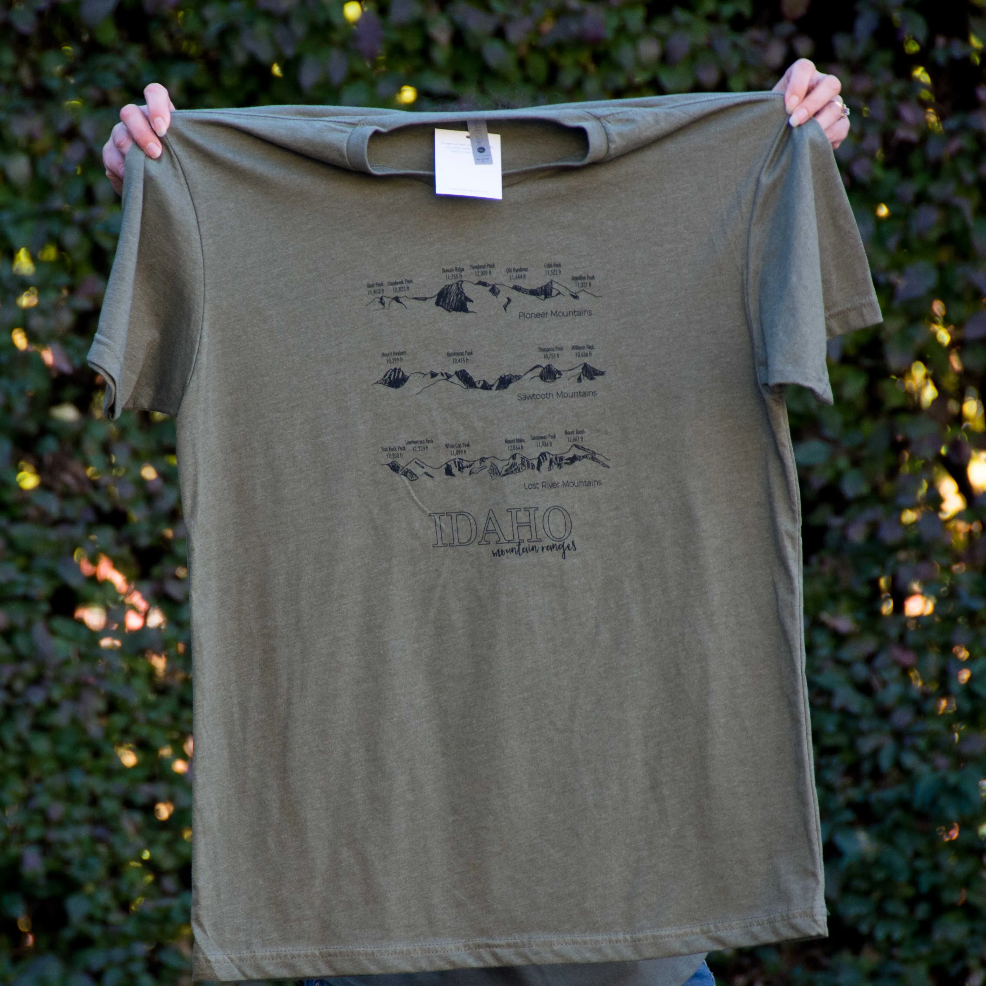 Idaho Mountain Ranges T-shirt, screen printed with eco-friendly waterbased inks, adult sizes