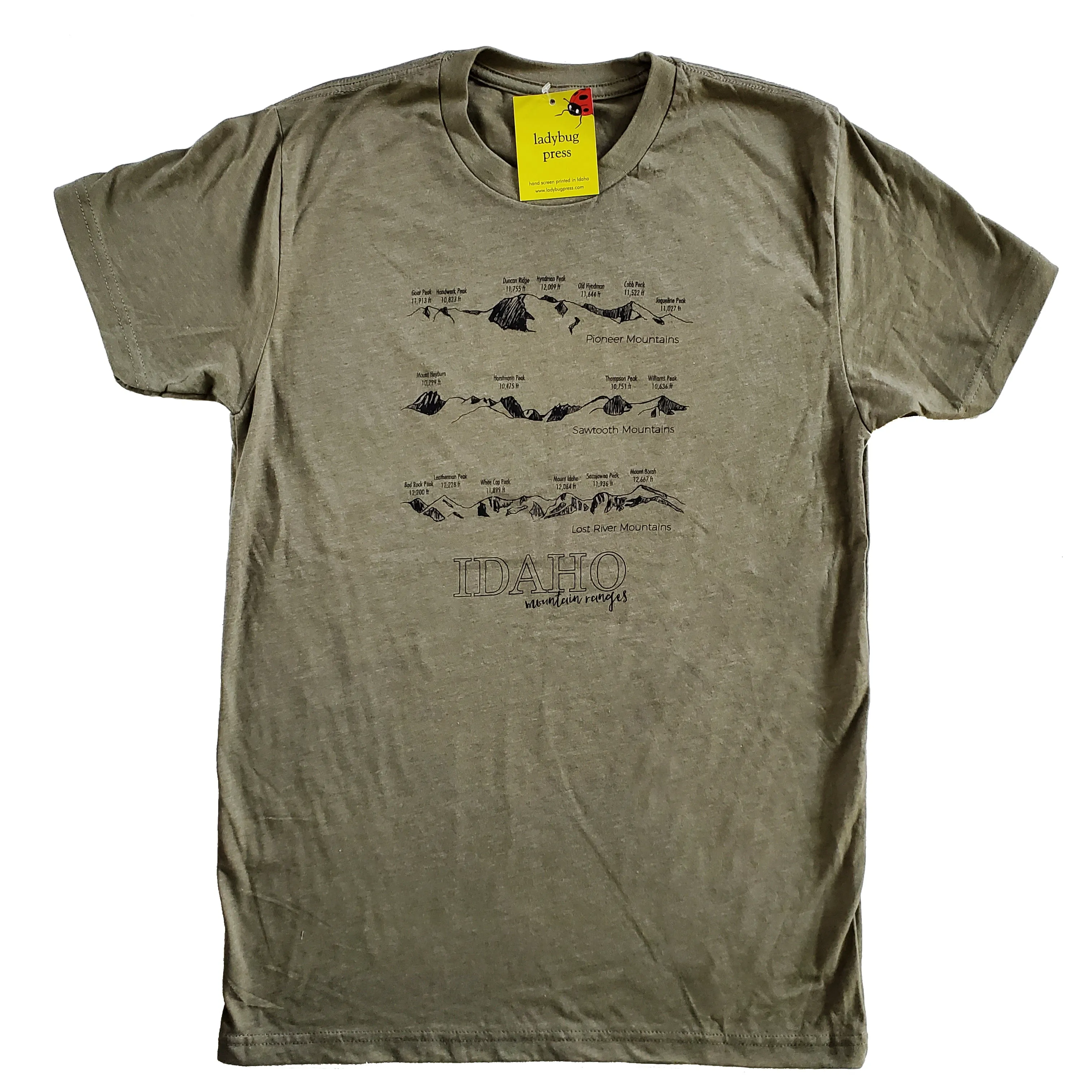 Idaho Mountain Ranges T-shirt, screen printed with eco-friendly waterbased inks, adult sizes