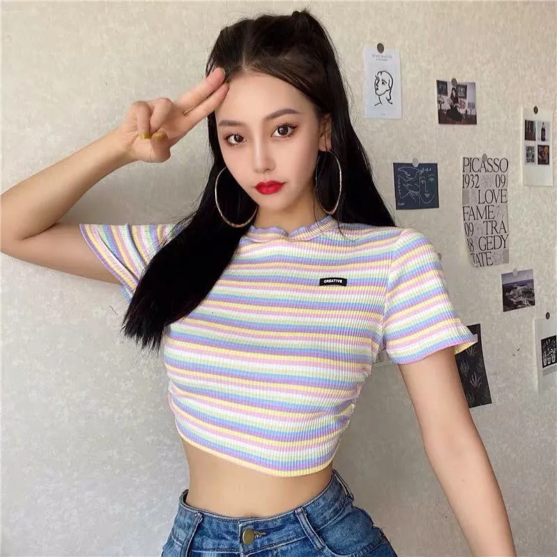 Irregular Stripe Backless Cropped Navel-Baring Short Sleeve Tee