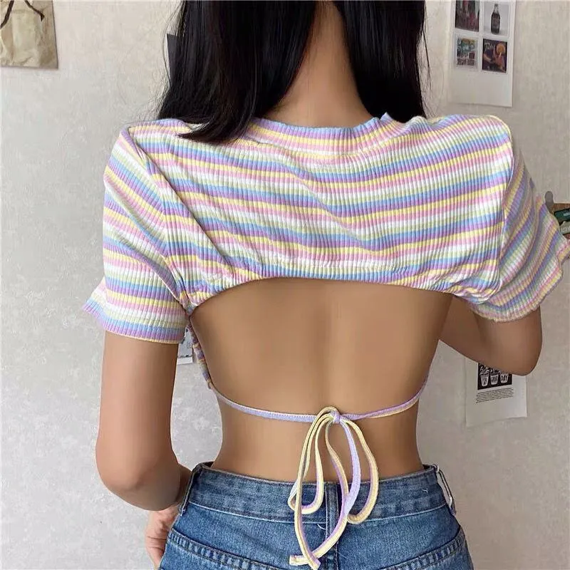 Irregular Stripe Backless Cropped Navel-Baring Short Sleeve Tee