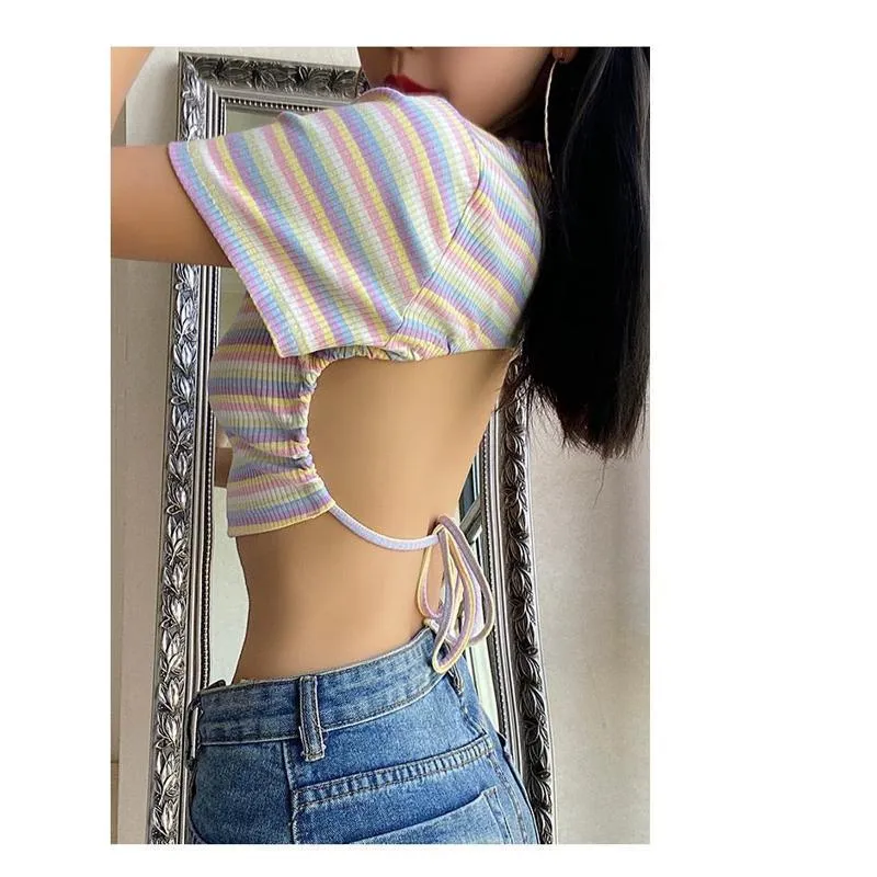 Irregular Stripe Backless Cropped Navel-Baring Short Sleeve Tee