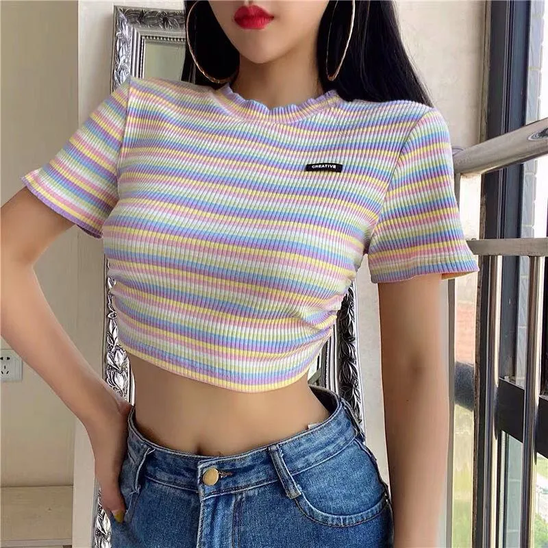 Irregular Stripe Backless Cropped Navel-Baring Short Sleeve Tee