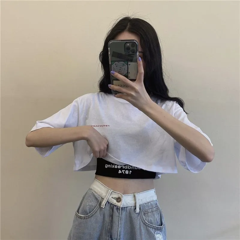 Loose Fit Navel-Baring Cropped Two-Piece Set High-Waisted Short Sleeve Tee