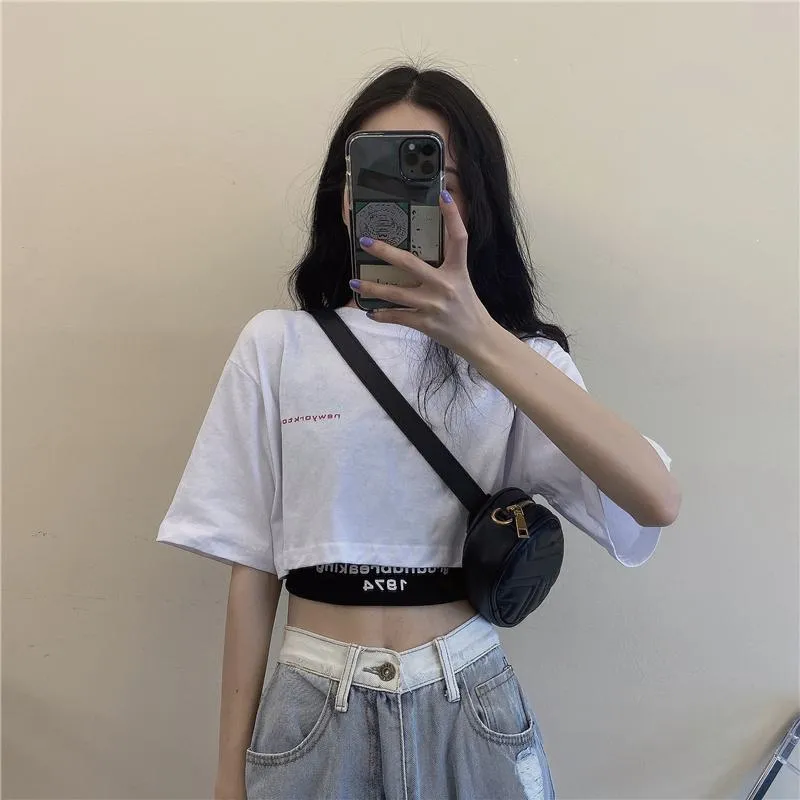 Loose Fit Navel-Baring Cropped Two-Piece Set High-Waisted Short Sleeve Tee