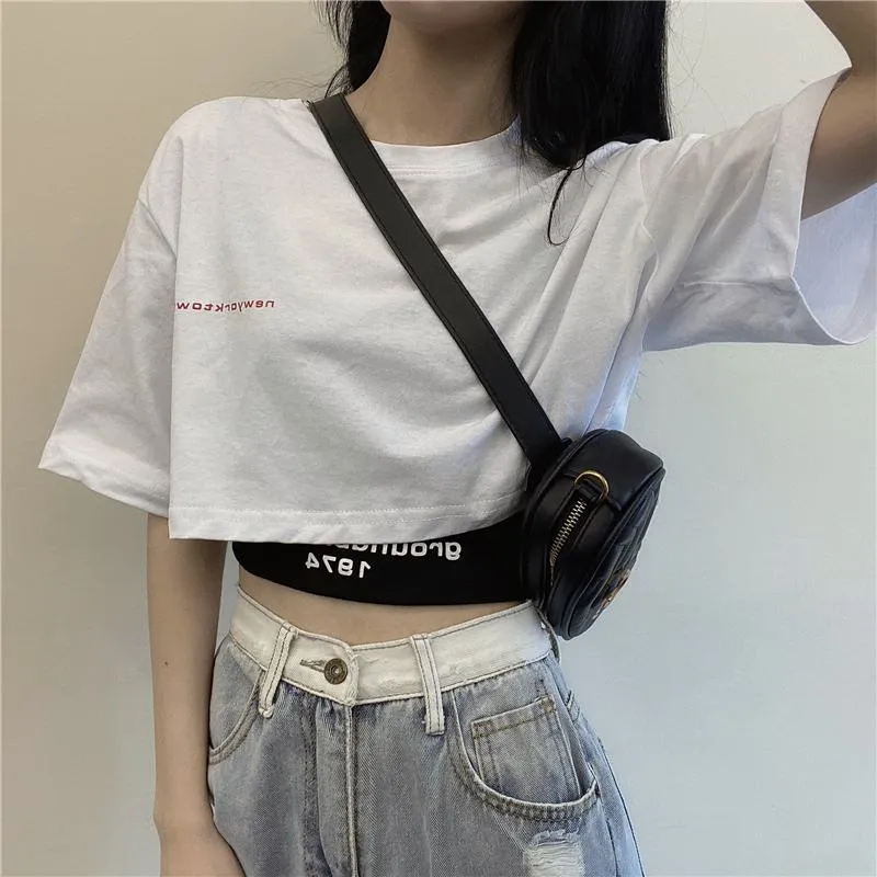 Loose Fit Navel-Baring Cropped Two-Piece Set High-Waisted Short Sleeve Tee