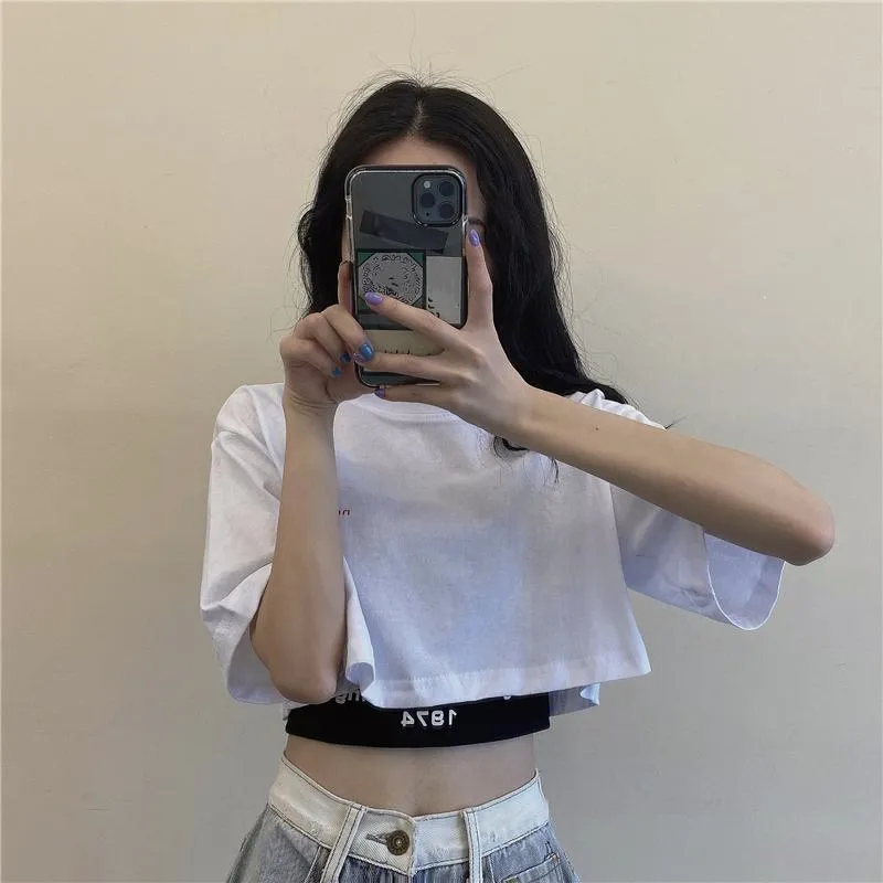 Loose Fit Navel-Baring Cropped Two-Piece Set High-Waisted Short Sleeve Tee