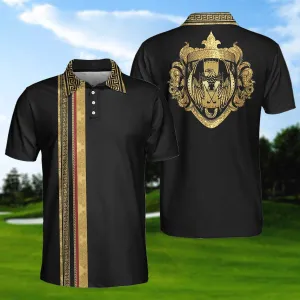 Luxury Baroque Pattern Eagle Badge Golf Polo Shirt, Golden Greek Key Pattern Polo Shirt, Best Golf Shirt For Men Coolspod