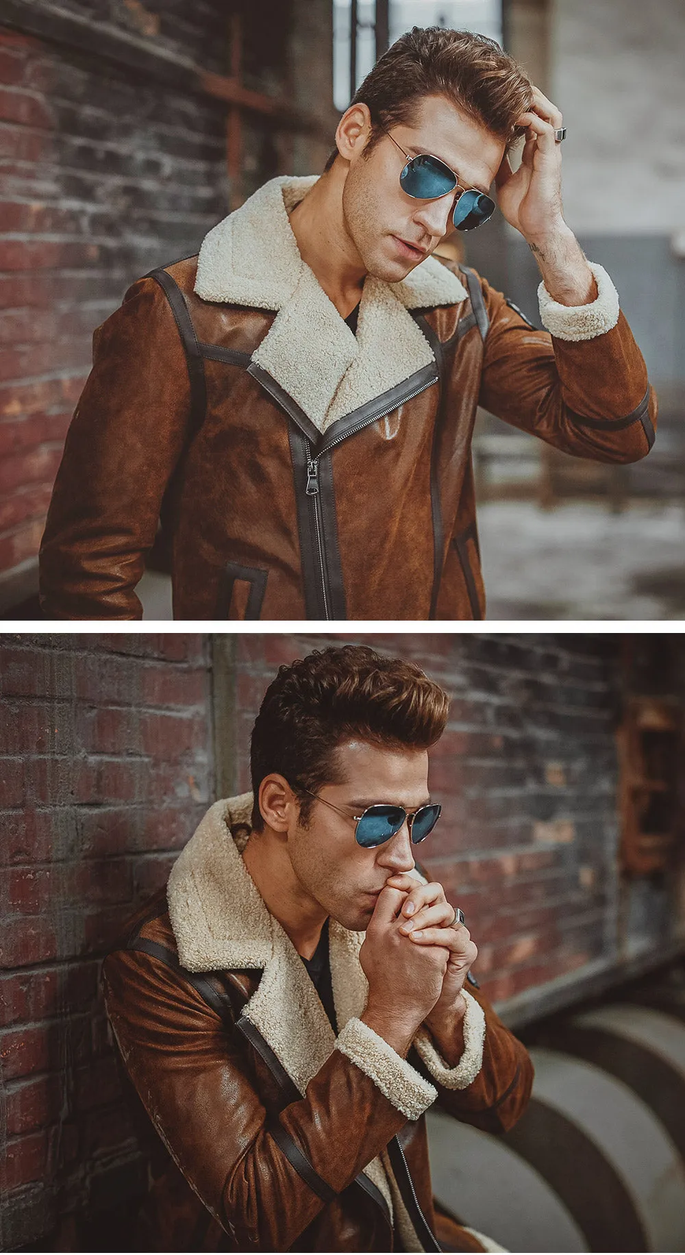 Men’s Aviator Distress Brown Shearling Bomber Jacket