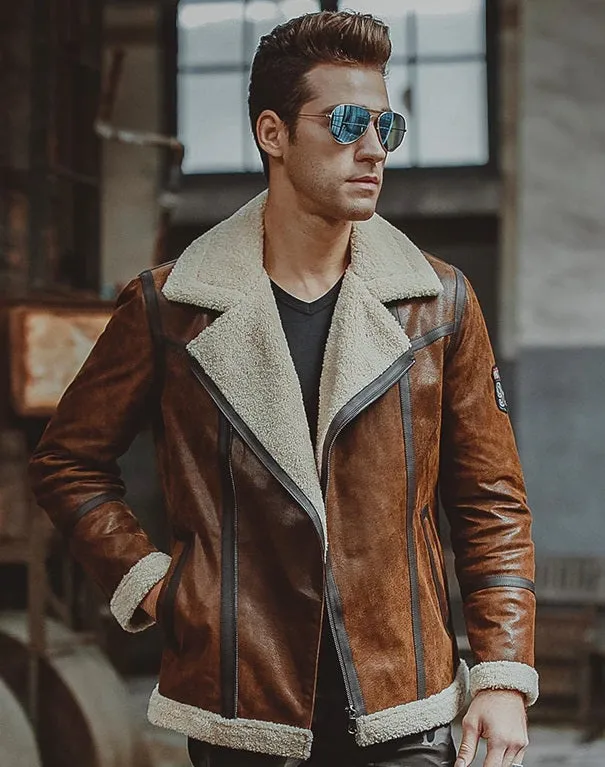 Men’s Aviator Distress Brown Shearling Bomber Jacket