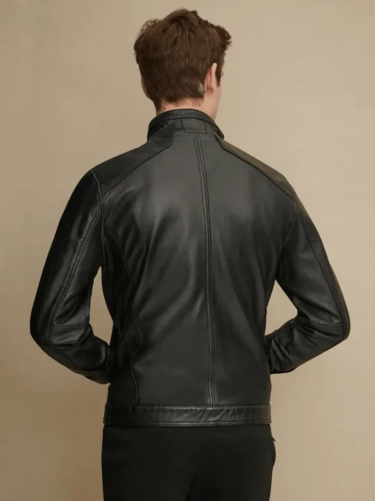 Men's Stand Collar Black Glossy Leather Jacket