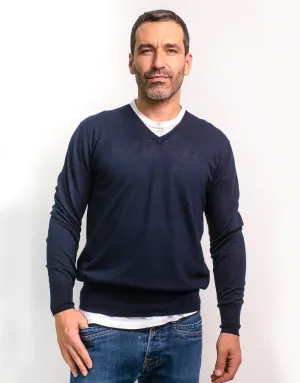 Mens Ultrafine V Neck Sweater in Navy