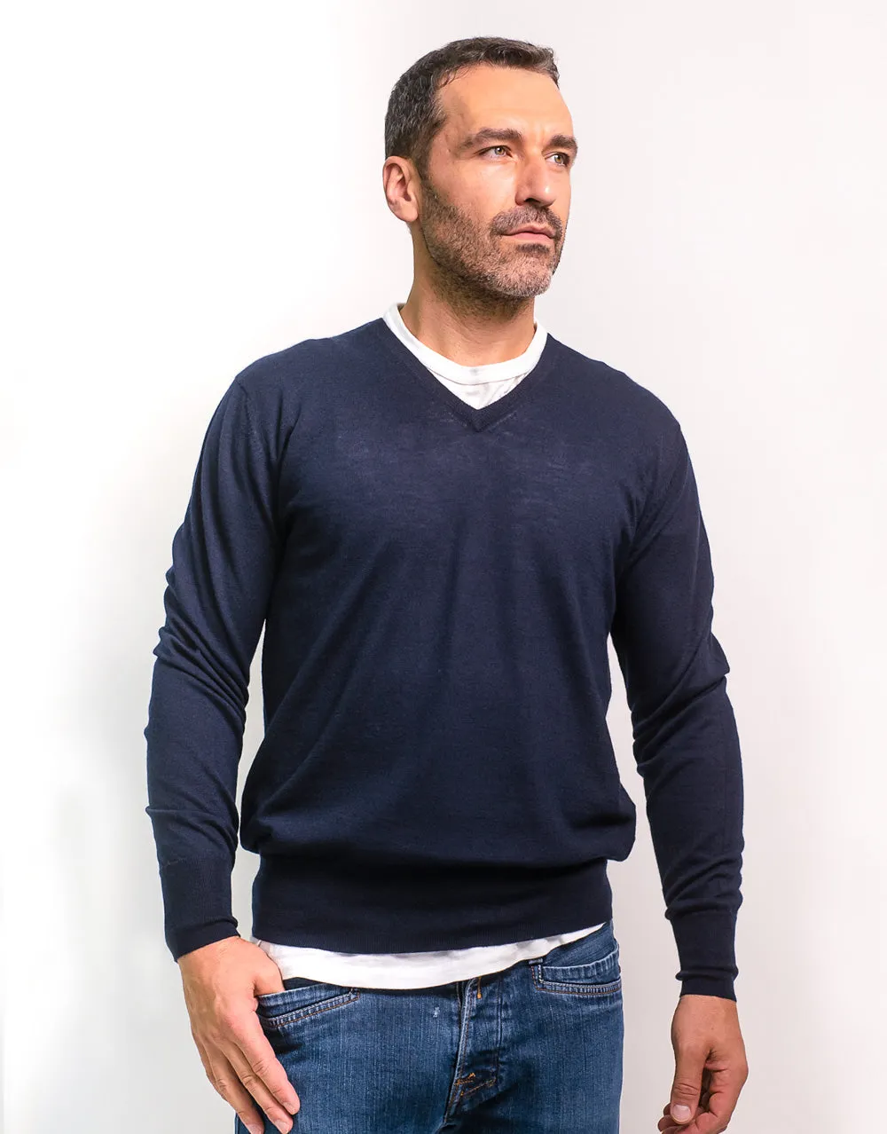 Mens Ultrafine V Neck Sweater in Navy