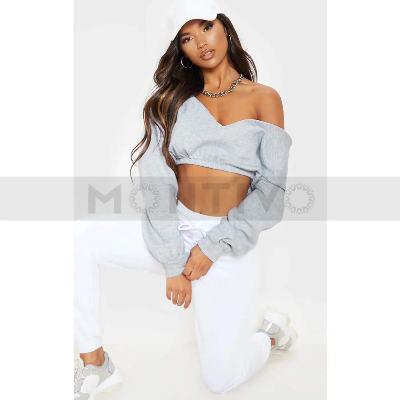 PTL Grey Crop Off Shoulder Sweatshirt