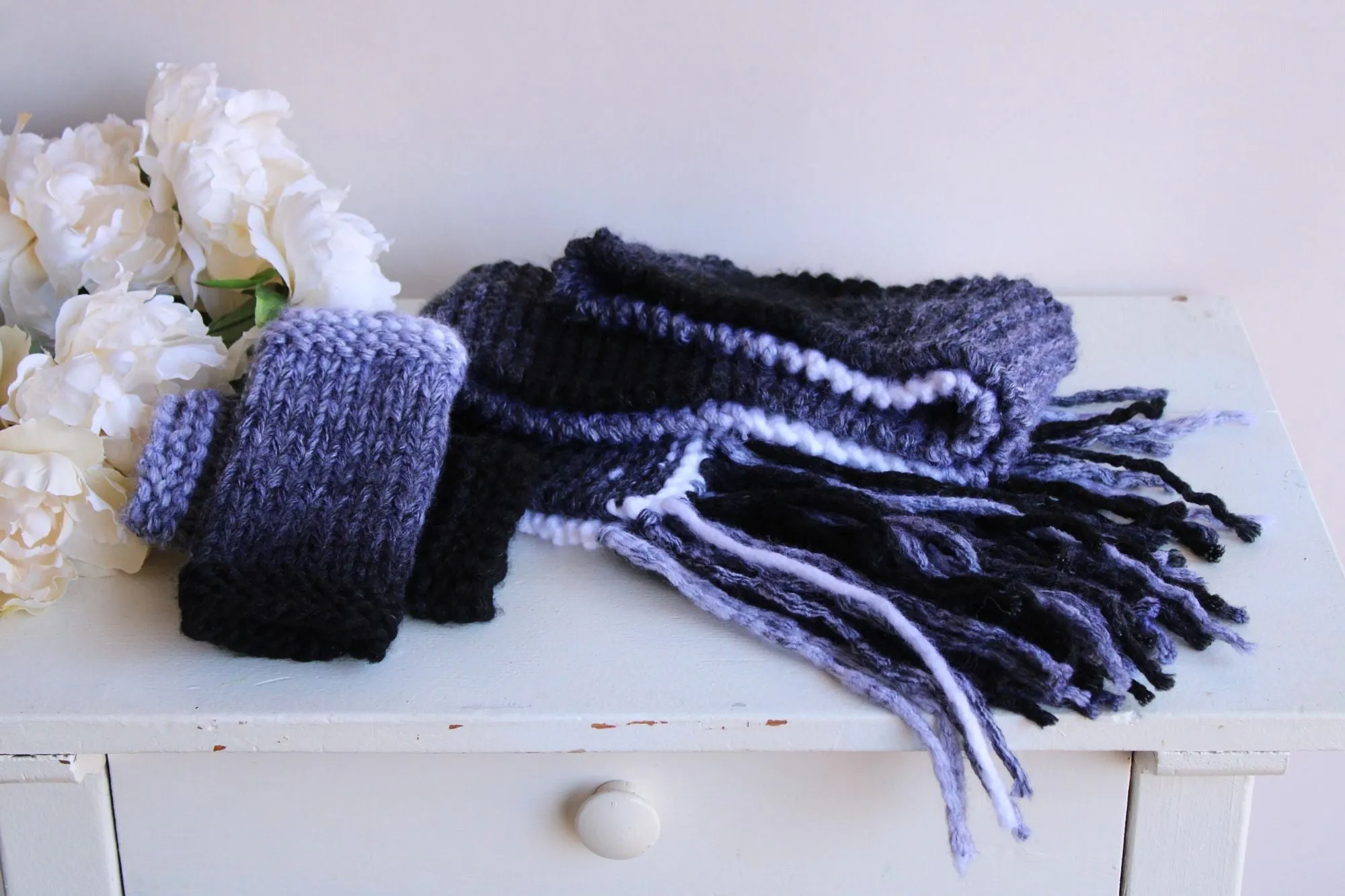 "Winter Ash" Hand Knit Scarf with Fringe in Ombre Black, Gray and White