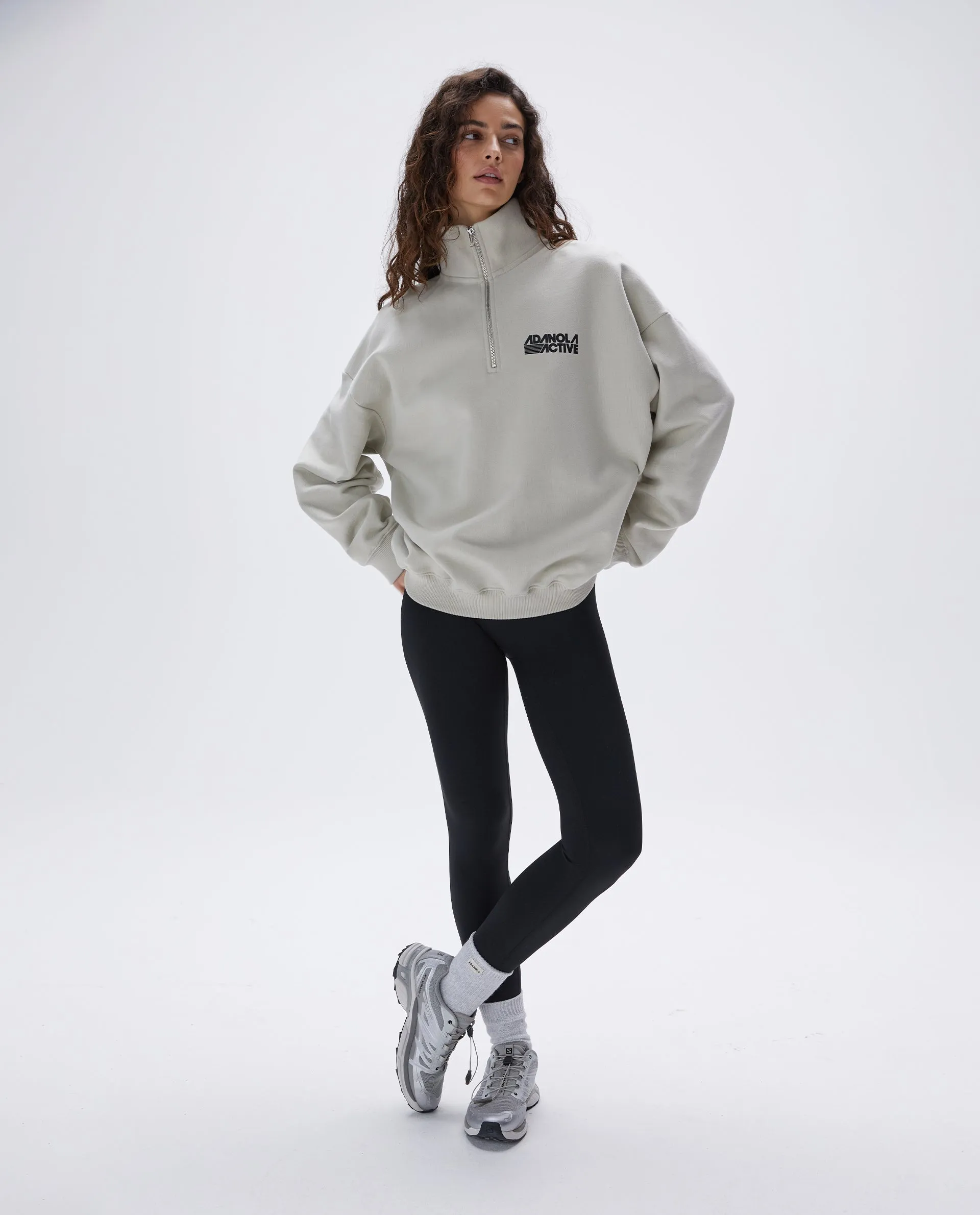 Retro Sports Oversized Funnel Neck Zip Sweatshirt - Stone