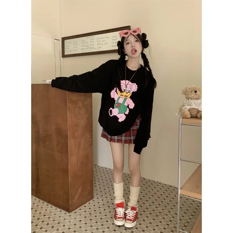 Round Neck Anti-Pilling Cartoon Plus Velvet Thickened Print Faux Cotton Piped Sweatshirt