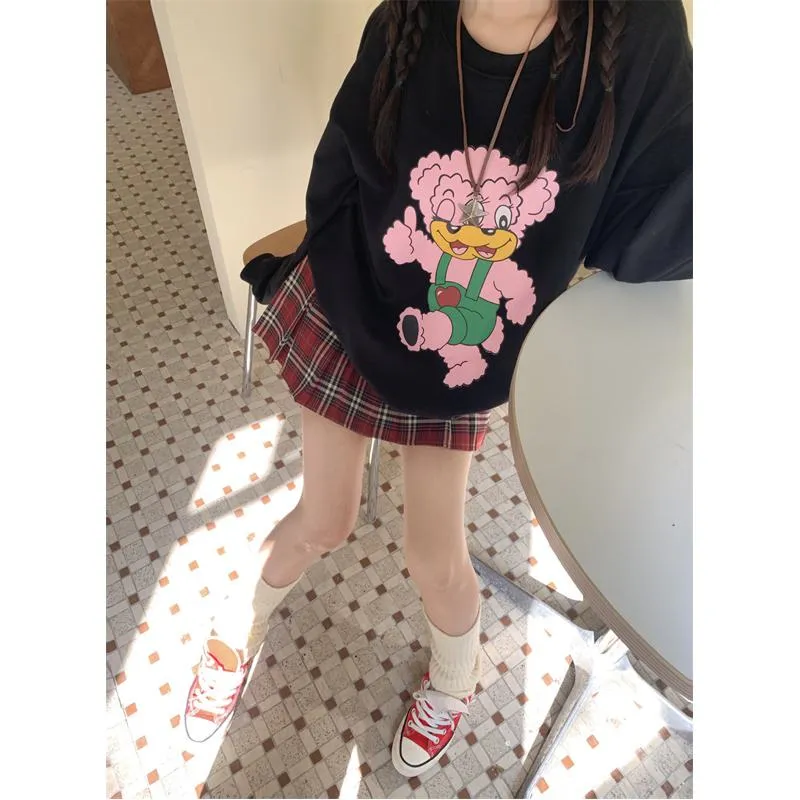 Round Neck Anti-Pilling Cartoon Plus Velvet Thickened Print Faux Cotton Piped Sweatshirt