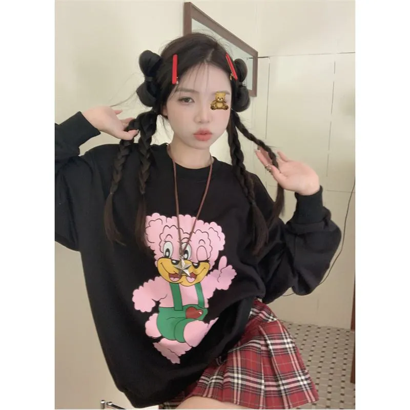 Round Neck Anti-Pilling Cartoon Plus Velvet Thickened Print Faux Cotton Piped Sweatshirt