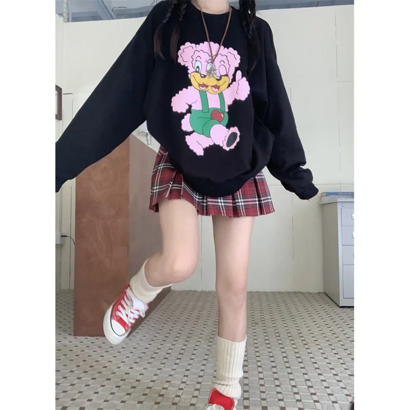 Round Neck Anti-Pilling Cartoon Plus Velvet Thickened Print Faux Cotton Piped Sweatshirt