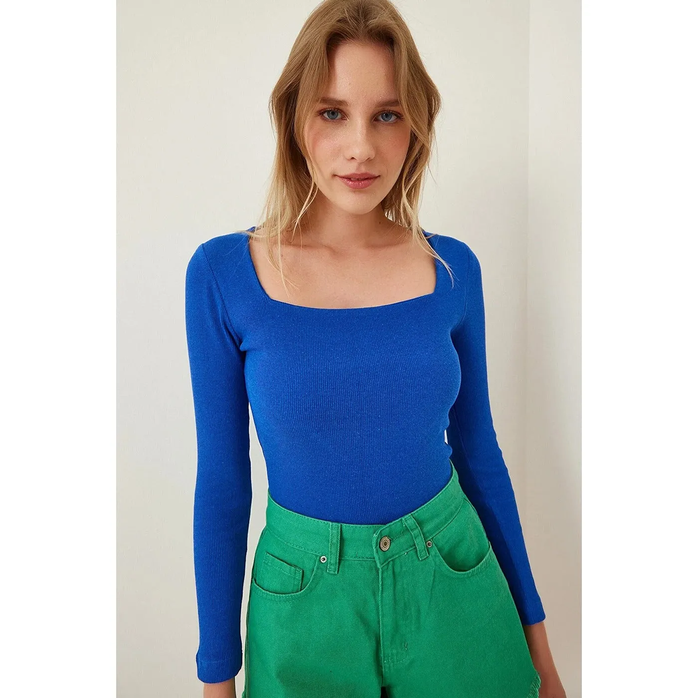 Royal Blue Square Collar Corduroy Knitted Blouse