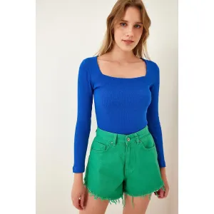 Royal Blue Square Collar Corduroy Knitted Blouse