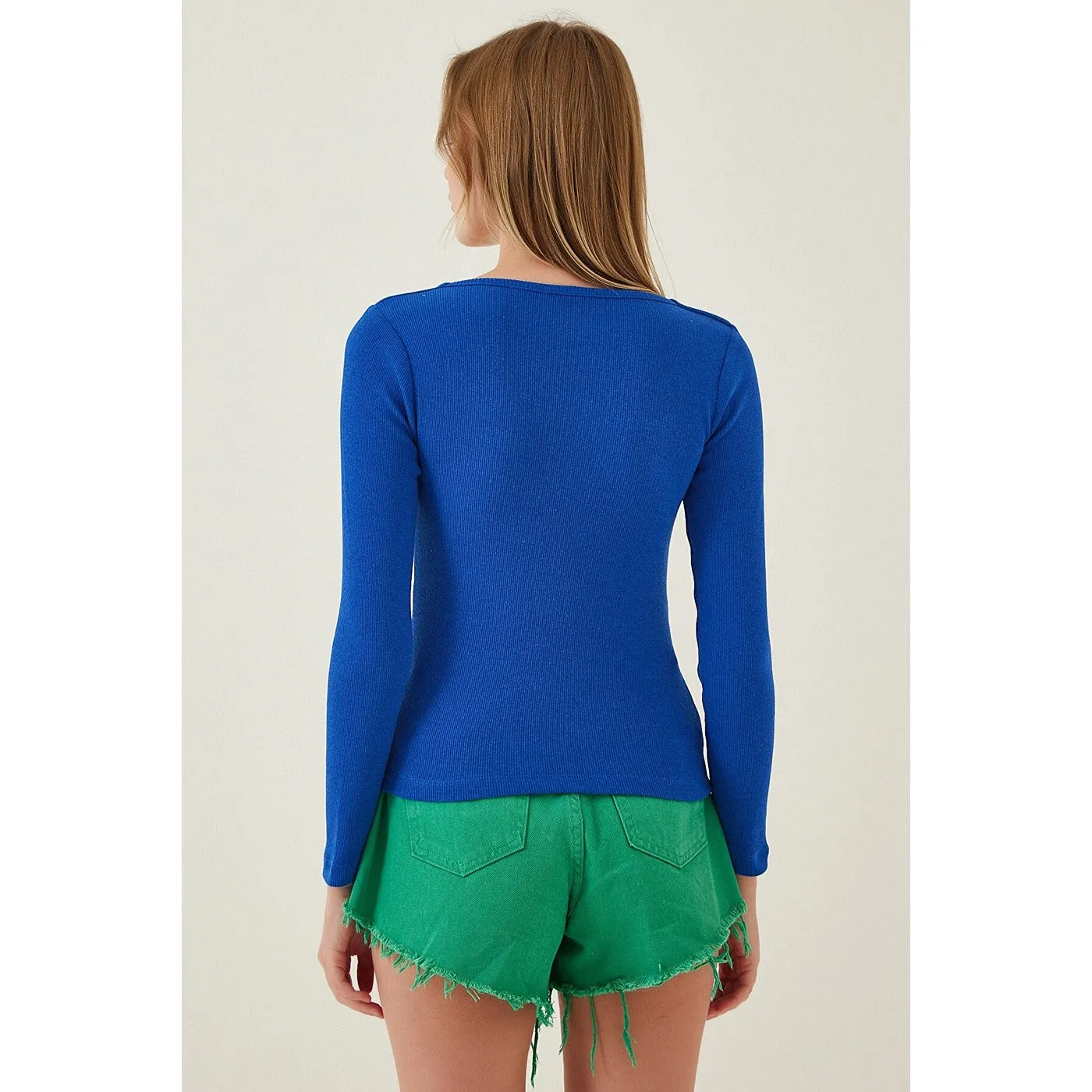 Royal Blue Square Collar Corduroy Knitted Blouse