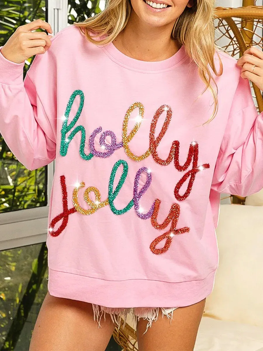 Sequin Letter Pattern Long Sleeve Round Neck Loose Christmas Hoodie