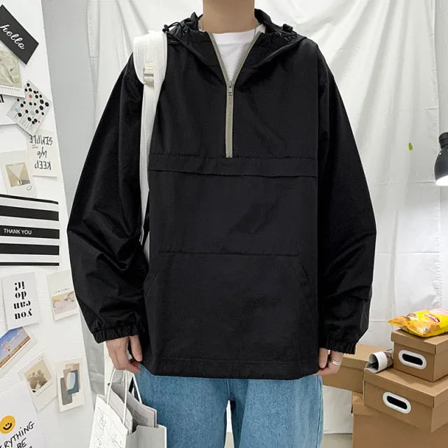 Spring Retro Tooling Half Zipper Hooded Sweater Male Korean Casual Loose Couple Outer Wear Top Man  Zip Up Hoodies Sweatshirts