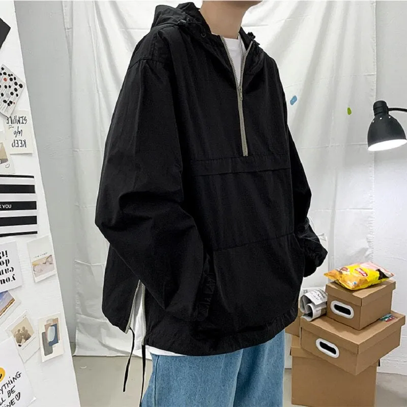 Spring Retro Tooling Half Zipper Hooded Sweater Male Korean Casual Loose Couple Outer Wear Top Man  Zip Up Hoodies Sweatshirts