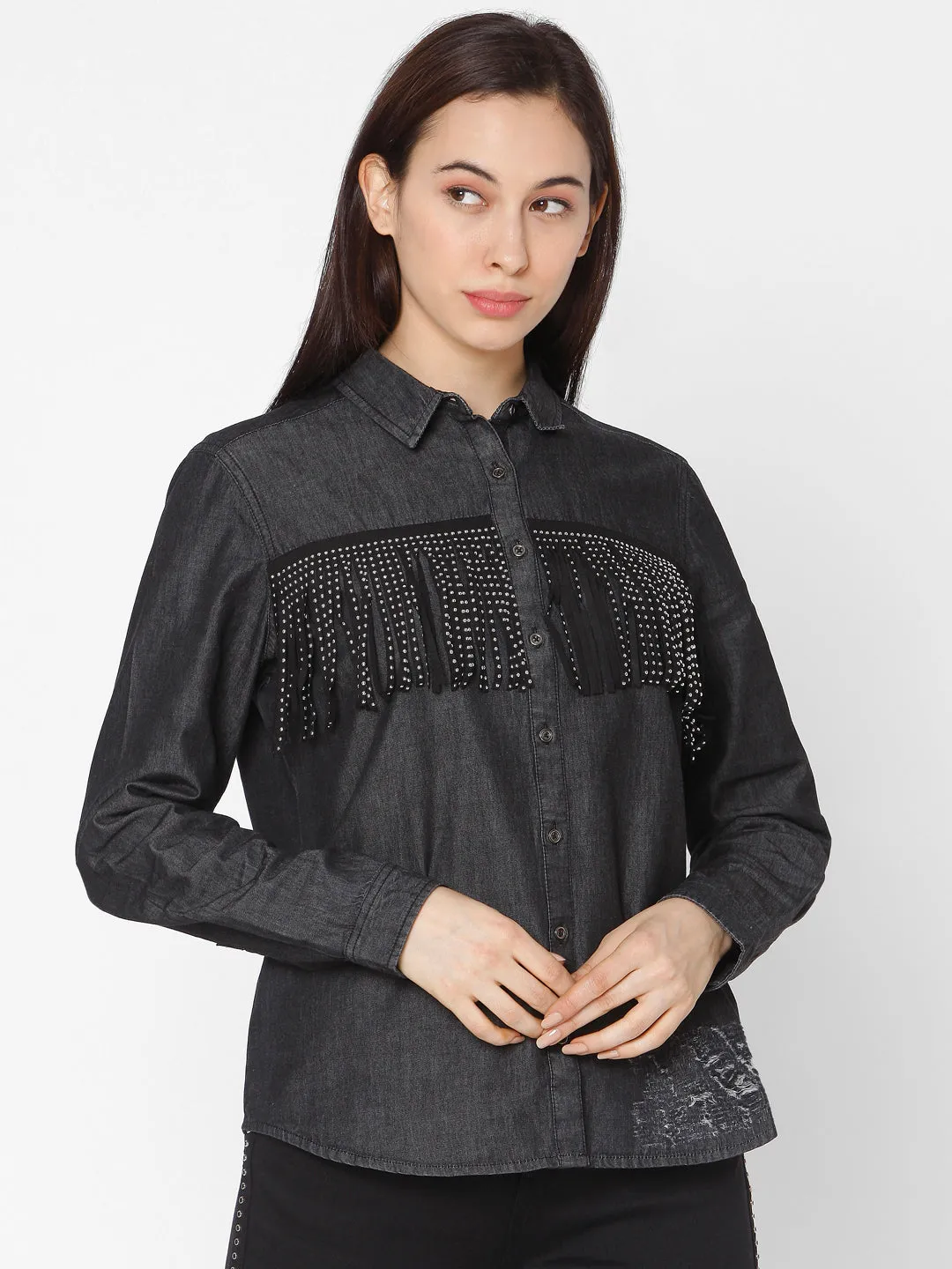 Spykar Black Cotton Women Shirt