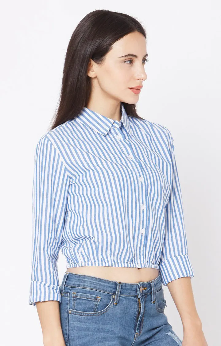 Spykar Slim Fit Blue Cotton Women Stripe Shirt