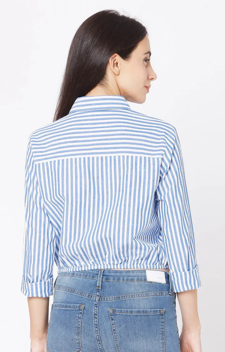 Spykar Slim Fit Blue Cotton Women Stripe Shirt