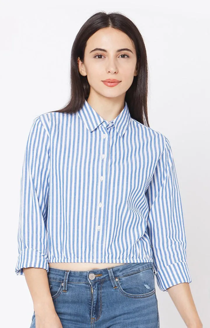 Spykar Slim Fit Blue Cotton Women Stripe Shirt