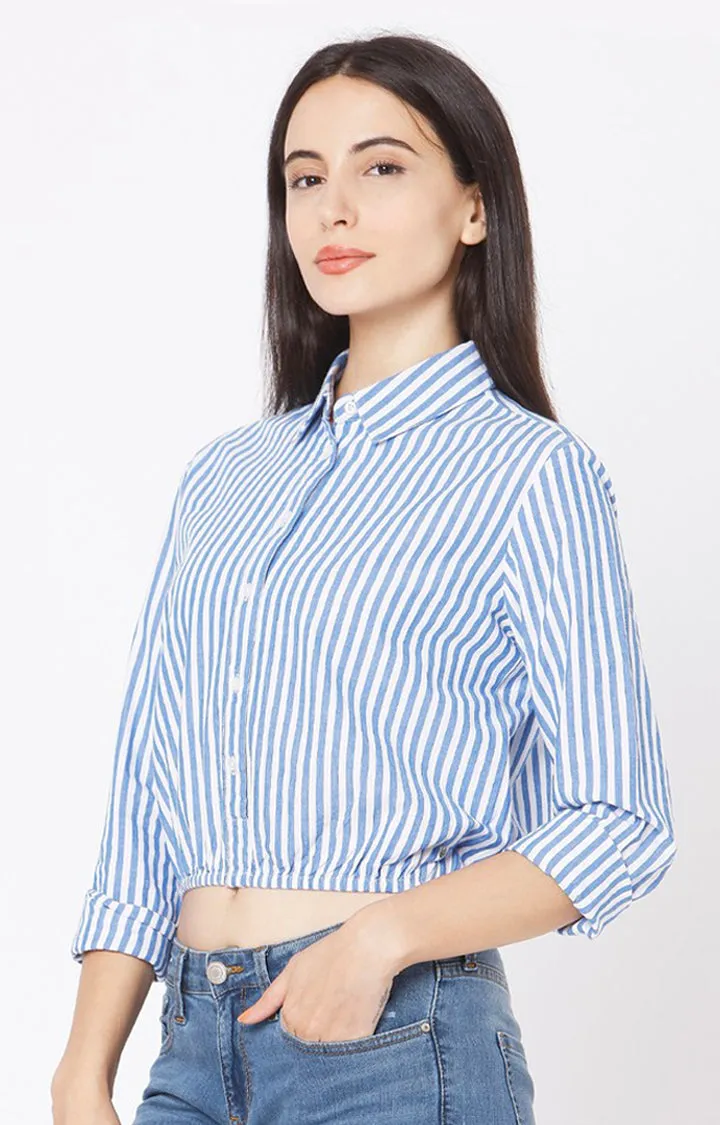 Spykar Slim Fit Blue Cotton Women Stripe Shirt