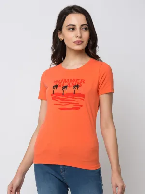 Spykar Women Orange Lycra Regular Round Neck T-Shirt