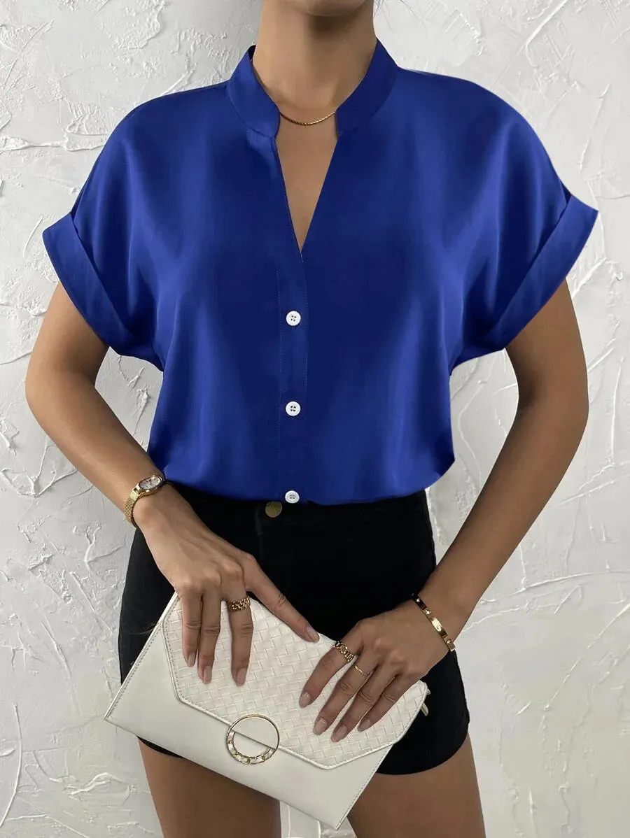 Summer Minimalist Women's V-neck Shirt 2023 Elegant Women's Satin Red Short Sleeved Single Breasted Casual Fitting Office Shirt