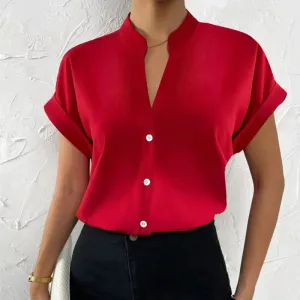 Summer Minimalist Women's V-neck Shirt 2023 Elegant Women's Satin Red Short Sleeved Single Breasted Casual Fitting Office Shirt